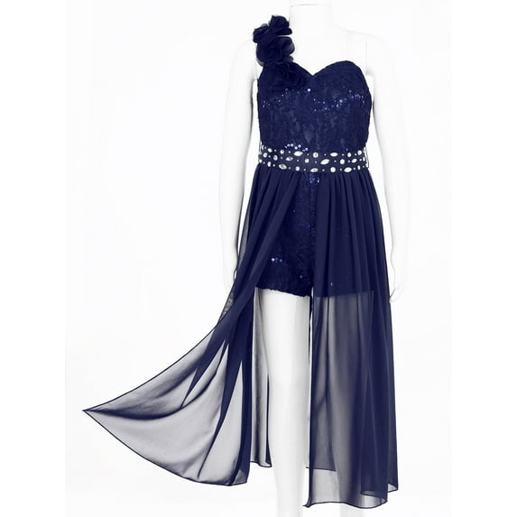 Yeahdor Girls One Shoulder Shiny Beaded Applique Party Dress Juniors Sequins Overlay Romper Dress for Birthday Proms Weddings Navy Blue 14