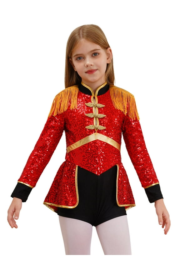 Girls Ring Master Circus Show Costume Shiny Sequins Dance Leotard Stage Performance Halloween Dress Up Red 10
