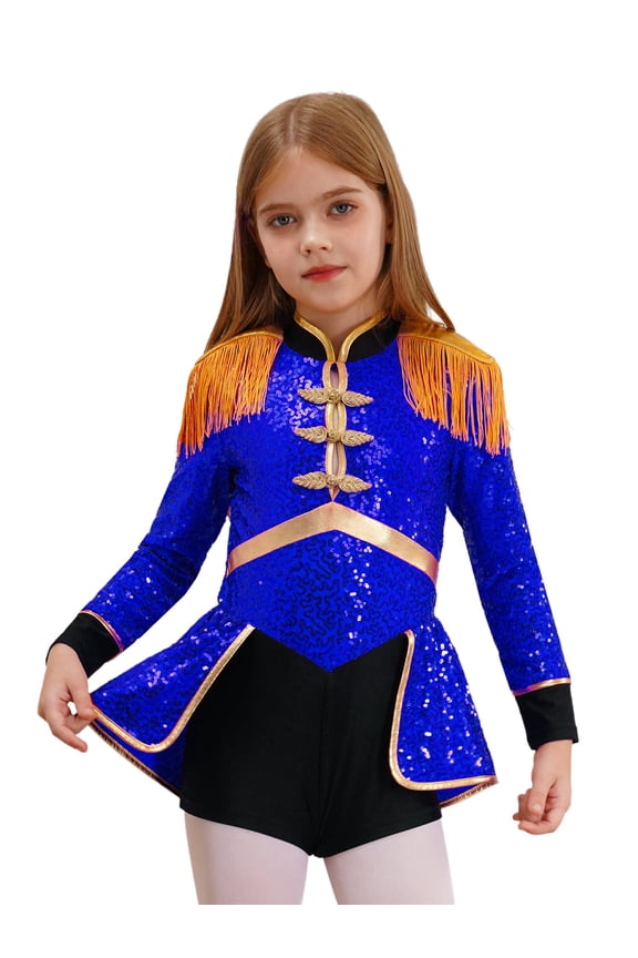 Girls Ring Master Circus Show Costume Shiny Sequins Dance Leotard Stage Performance Halloween Dress Up Royal Blue 8