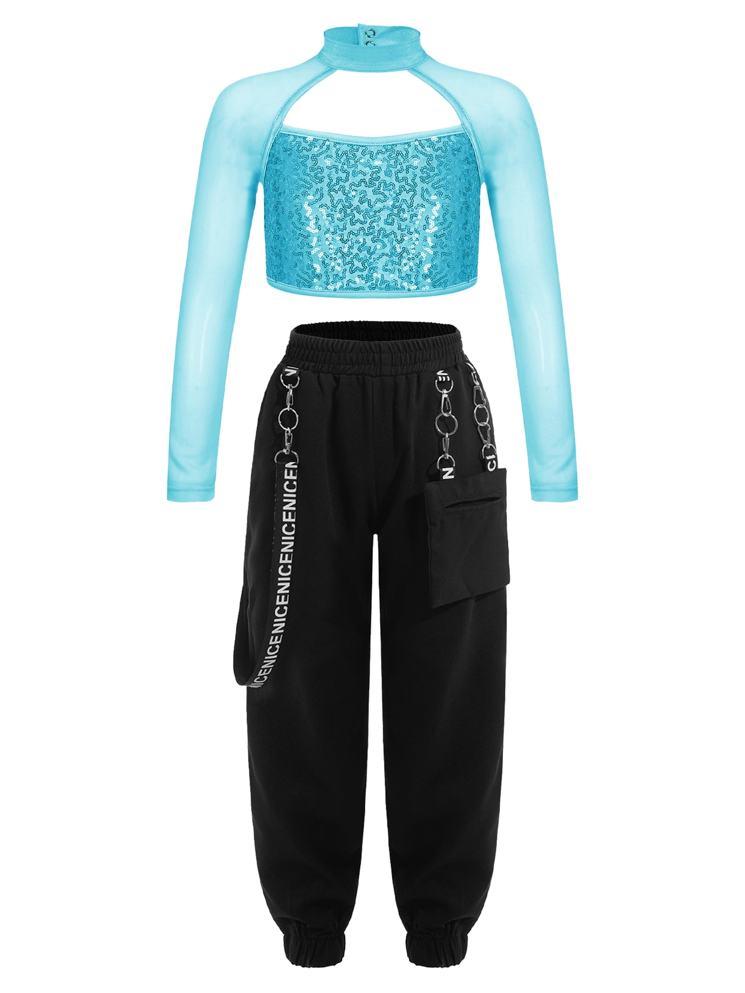 Yeahdor Girls Sequins Open Back Crop Top with Jogger Pants Dance