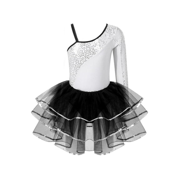 Yeahdor Girls Sequins Single Long Sleeve Dress Ballet Jazz Latin Mesh Tutu Skirted Leotard Dance Costume Silver 6