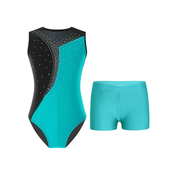 Yeahdor Girls Sleeveless Ballet Gymnastics Leotard with Shorts Yoga Suit Dancewear Skating Jumpsuit Outfit Blue Green 6