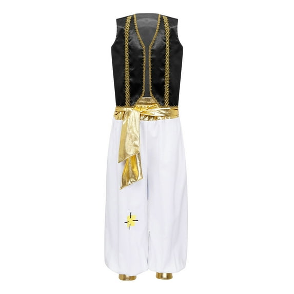 Yeahdor Kids Boys Arabian Prince Costume Halloween Cosplay Dress Up Sleeveless Braided Trimming Waistcoat with Pants Set Black 10