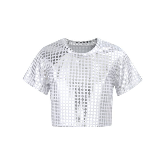 Yeahdor Kids Boys Girls Jazz Dance Costume Shiny Sequins Short Sleeve T-shirt Street Dance Performance Costume Silver 15-16