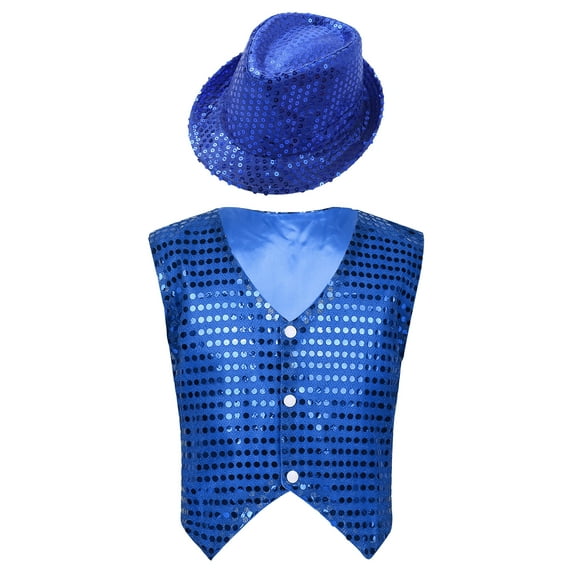 Yeahdor Kids Boys Glittery Sequins Waistcoat Vest with Hat for Hip Hop Jazz Dance Stage Performance