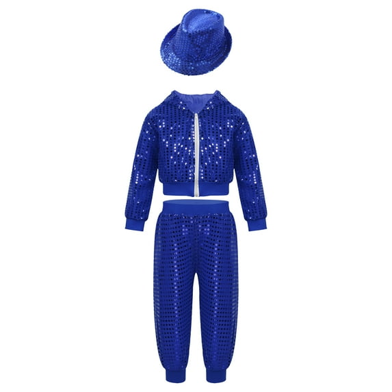 Yeahdor Kids Boys Jazz Hip Hop Dance Costume Outfit Sequins Hooded Jacket with Cargo Pants Latin Dancewear Blue 4-5