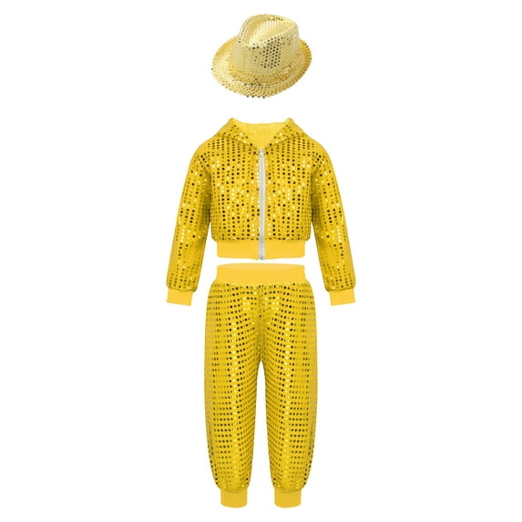 Yeahdor Kids Boys Jazz Hip Hop Dance Costume Outfit Sequins Hooded Jacket with Cargo Pants Latin Dancewear Yellow 9-10