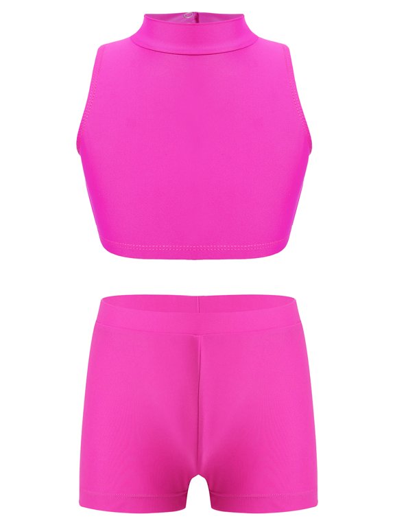 Kids Girls 2 Piece Tracksuit Gymnastics Outfit Cross Back Crop Top with Shorts Set Pool Swimming Bathing Suit Hot Pink 6