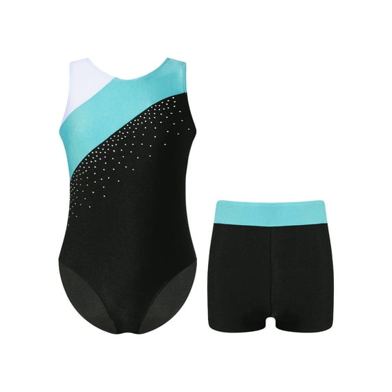 Yeahdor Kids Girls 2Pcs Dancewear Sleeveless Shiny Dance Leotard with Shorts Gymnastics Workout Outfit Blue Green 12