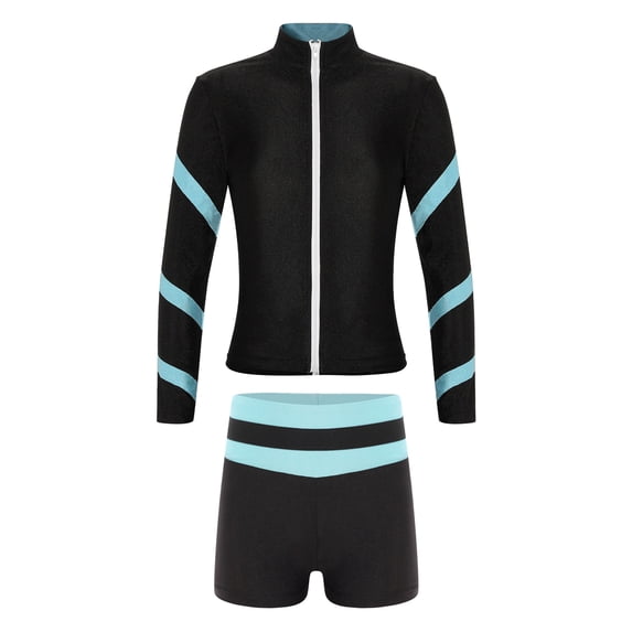 Yeahdor Kids Girls 2Pcs Gym Workout Outfit Long Sleeve Stand Collar Coat with Shorts Exercise Running Sportswear Light Blue 16