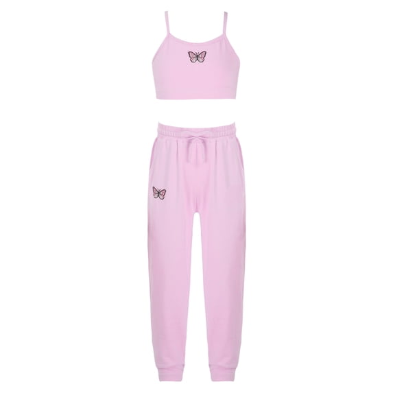 Yeahdor Kids Girls 2Pcs Sports Suit Sleeveless Butterfly Prints Crop Vest with Pants Set for Gym Running