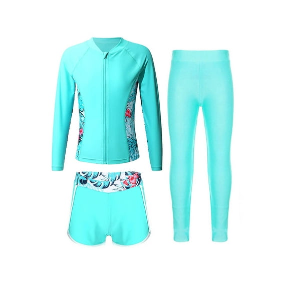 Yeahdor Kids Girls 3Pcs Rash Guard Swimsuit Set Long Sleeve Swim Jacket with Shorts Leggings Full Body Swimwear Green 14