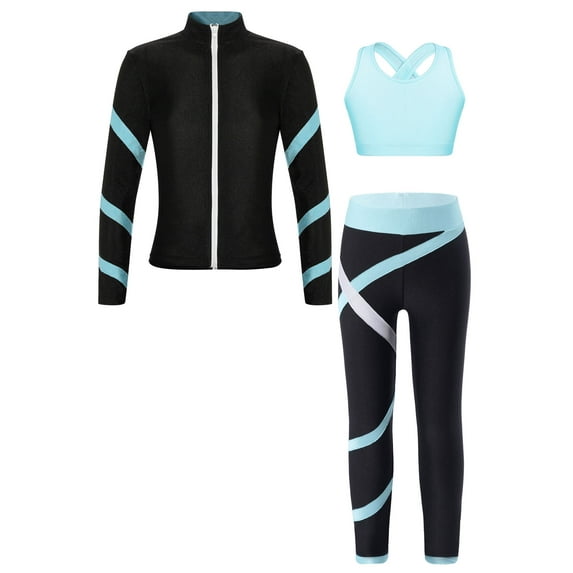Yeahdor Kids Girls 3Pcs/Set Tracksuit Cropped Vest with Stripes Sports Tops Leggings Yoga Fitness Outfit Set Light Blue 16