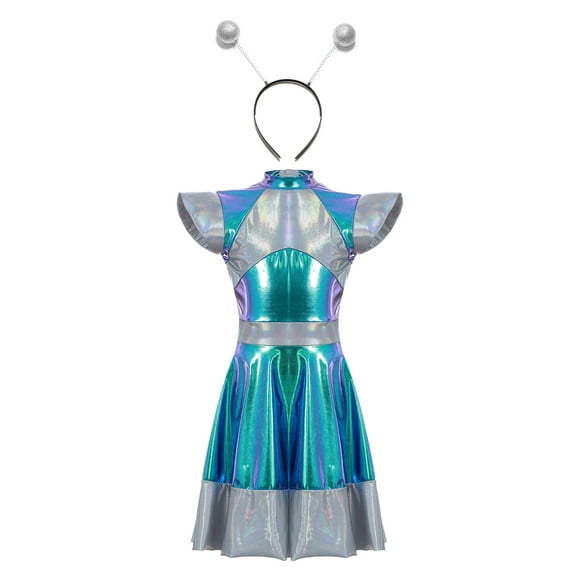 Yeahdor Kids Girls Alien Astronaut Costume Shiny Metallic A-Line Dress with Hair Hoop Halloween Outfits Silver 14