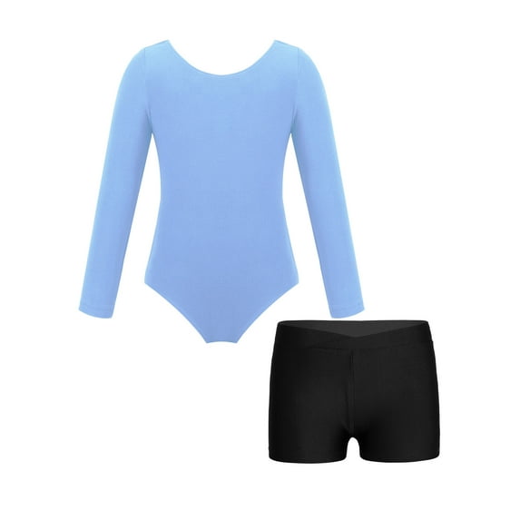 Yeahdor Kids Girls Athletic Activewear Solid Color Long Sleeve Leotard with Shorts Set 2Pcs Sports Suit Dancewear Blue&Black 4