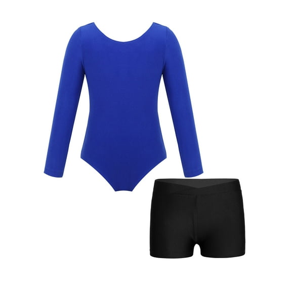 Yeahdor Kids Girls Athletic Activewear Solid Color Long Sleeve Leotard with Shorts Set 2Pcs Sports Suit Dancewear Dark Blue&Black 6