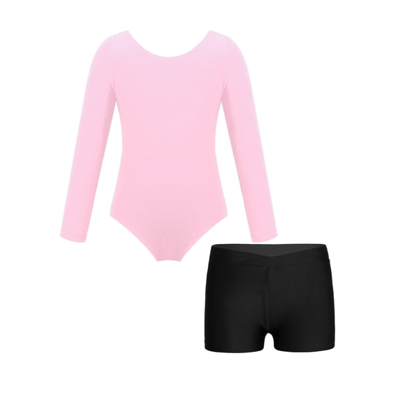 Yeahdor Kids Girls Athletic Activewear Solid Color Long Sleeve Leotard with Shorts Set 2Pcs Sports Suit Dancewear Pink&Black 6