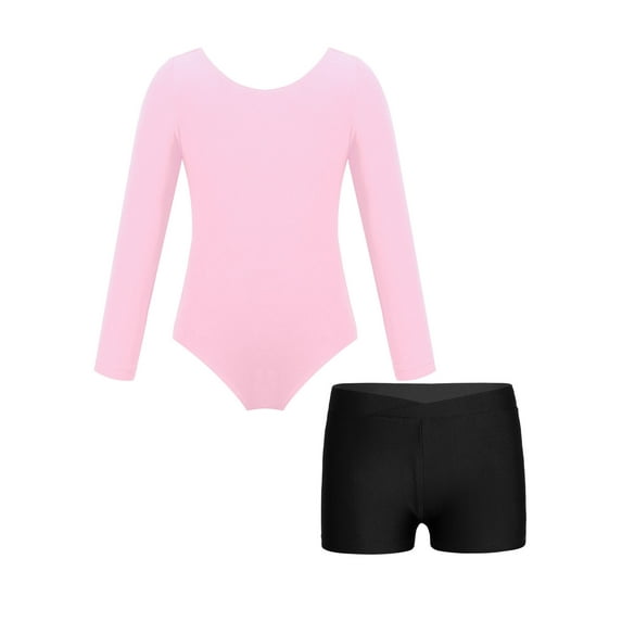 Yeahdor Kids Girls Athletic Activewear Solid Color Long Sleeve Leotard with Shorts Set 2Pcs Sports Suit Dancewear Pink&Black 8