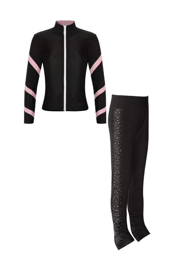 Kids Girls Athletic Sports Outfit Sparkling Jacket with Pants Set Teens Gymnastics Tracksuit Yoga Skating Costume Pink 16