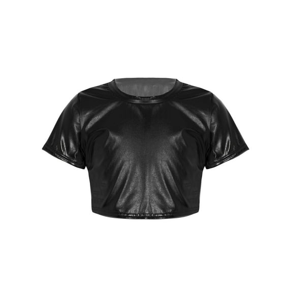 Yeahdor Kids Girls Boys Shiny Metallic Short Sleeve Crop Top Hip Hop Dance Performance T-Shirt Dancewear