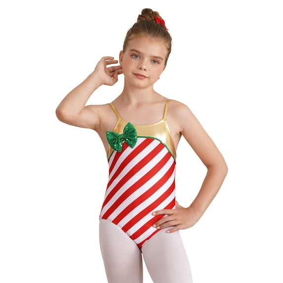 Yeahdor Kids Girls Candy Cane Dance Gymnastics Leotard Christmas Costume Shiny Metallic Bodysuit Red 14