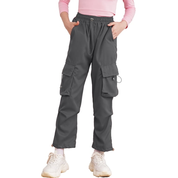 Yeahdor Kids Girls Casual Cargo Pants Solid Color Joggers Sweatpants with Four Pockets Hip Hop Dance Trousers Dark Gray 14-15