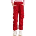 thumbnail image 1 of Yeahdor Kids Girls Casual Cargo Pants Solid Color Joggers Sweatpants with Four Pockets Hip Hop Dance Trousers Red 11-12, 1 of 7