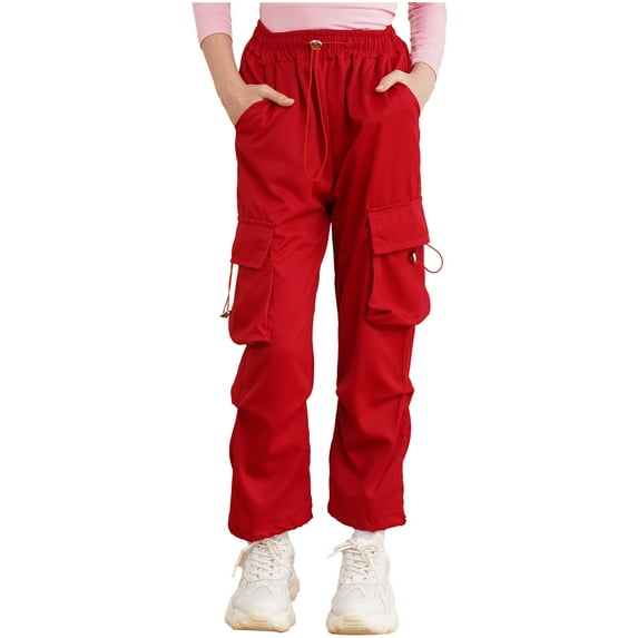 Yeahdor Kids Girls Casual Cargo Pants Solid Color Joggers Sweatpants with Four Pockets Hip Hop Dance Trousers Red 11-12