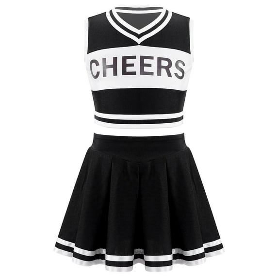 Yeahdor Kids Girls Cheers Printed Crop Top with Pleated Skirt Set for Cheerleading Dance Performance Black 12
