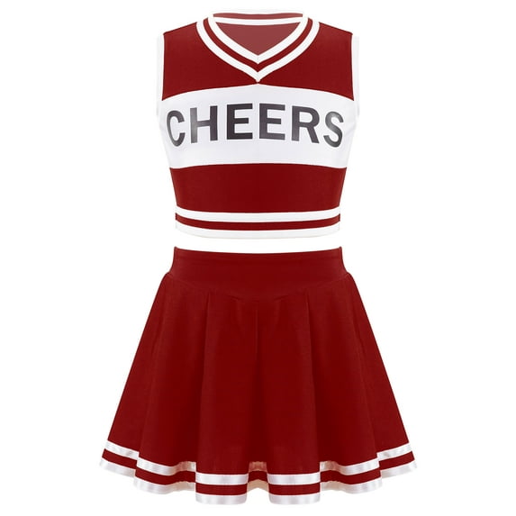 Yeahdor Kids Girls Cheers Printed Crop Top with Pleated Skirt Set for Cheerleading Dance Performance Red 4
