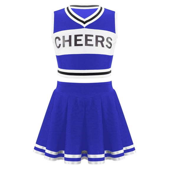 Yeahdor Kids Girls Cheers Printed Crop Top with Pleated Skirt Set for Cheerleading Dance Performance Royal Blue 6
