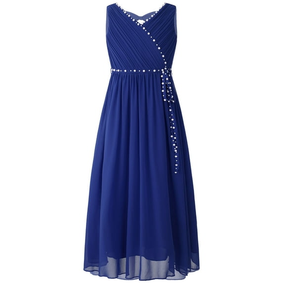 Yeahdor Kids Girls Chiffon Beaded Party Gown Ruched V Neck Sleeveless Flower Girls Dress Wedding Bridesmaid Dresses