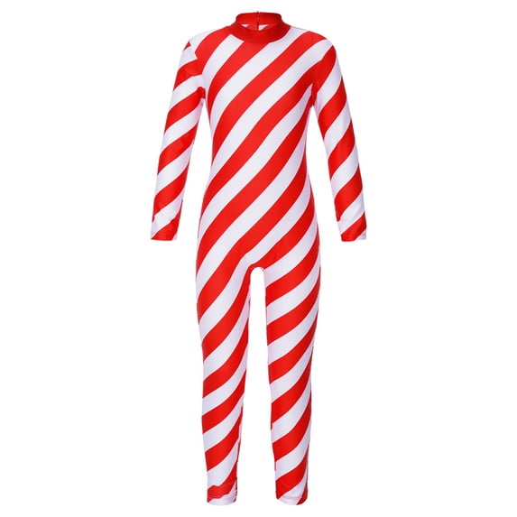 Yeahdor Kids Girls Christmas Candy Cane Jumpsuit Striped Sequins Dance Unitard Stage Performance Costume Red-B 14