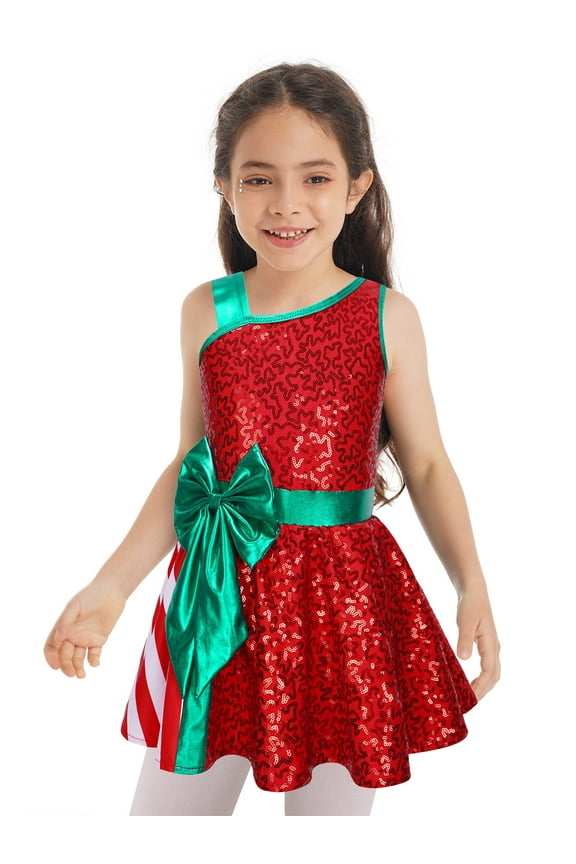 Kids Girls Christmas Elf Costume Shiny Sequins Ballet Dance Ice Skating Leotard Dress Red 6