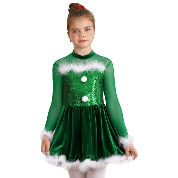 Yeahdor Kids Girls Christmas Shiny Sequin Dance Dress Keyhole Back Jumpsuit Dress Festive New Year Party Outfit Green 12