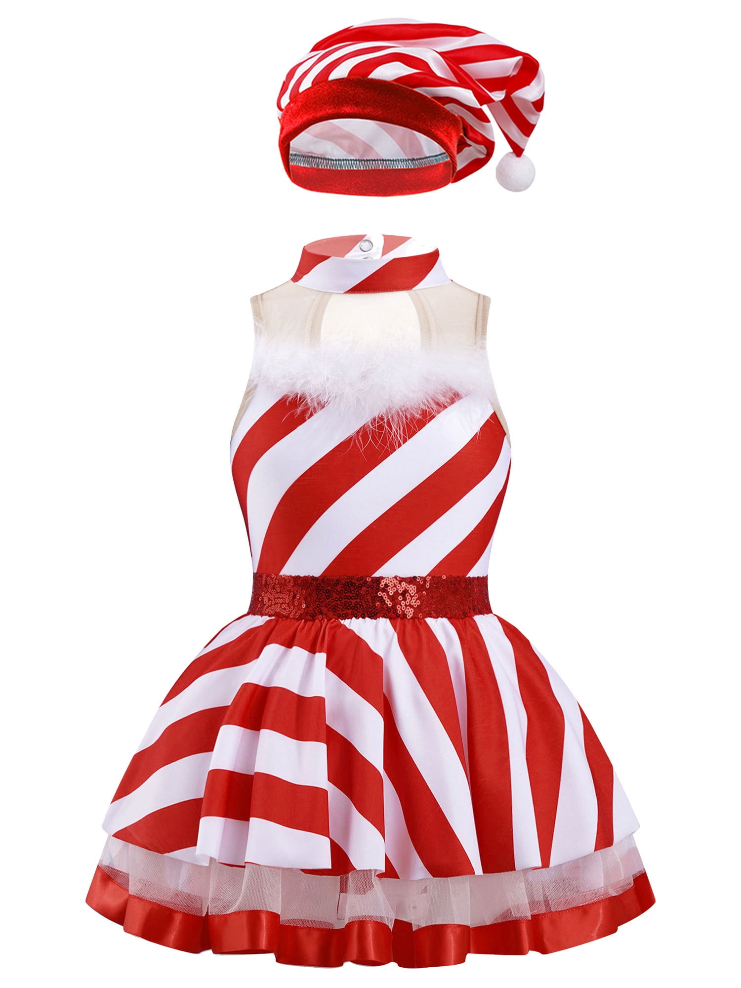Yeahdor Kids Girls Christmas Striped Candy Cane Costume Mesh Splice Figure Ice Skating Twirling Dress with Hat Red 14