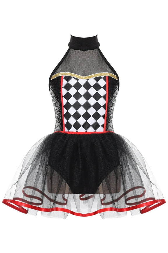 Kids Girls Clown Costume Halter Jester Dress Cosplay Party Fancy Dress Up Dance Leotard Outfit Black 14
