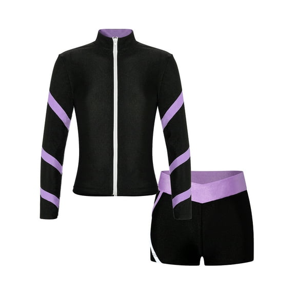 Yeahdor Kids Girls Contrast Color Sports Outfit Long Sleeve Stand Collar Zippered Sweatshirt with Shorts Sportswear Light Purple 8