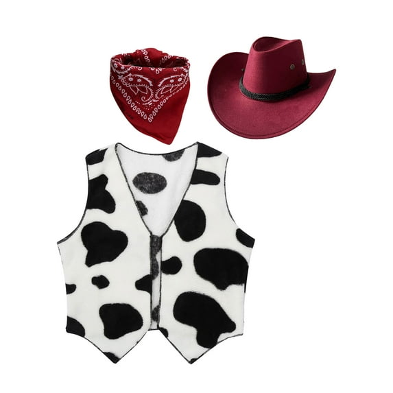 Yeahdor Kids Girls Cowboy Costume Cow Print Vest with Bandanna and Hat Set Cowgirl Cosplay Party Outfit Burgundy 10