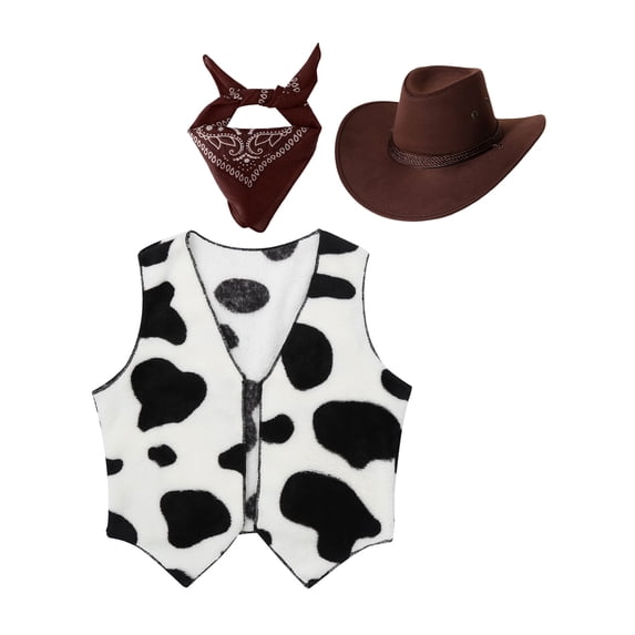 Yeahdor Kids Girls Cowboy Costume Cow Print Vest with Bandanna and Hat Set Cowgirl Cosplay Party Outfit Coffee 8