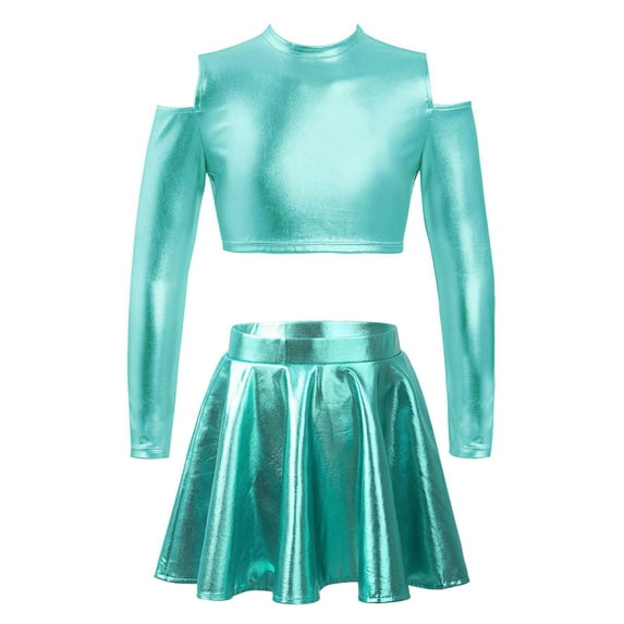 Yeahdor Kids Girls Dance Set Off Shoulder Crop Top with Flared A-Line Skort Skirt Modern Dance Suit Costume Lake Green 10