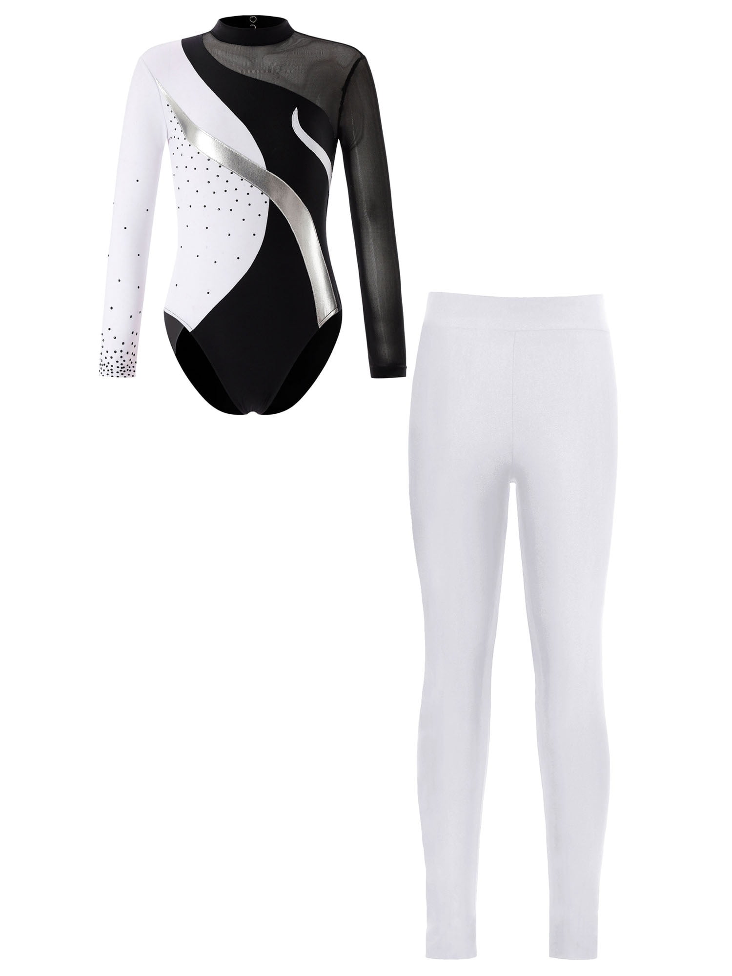 Silver Marbled Long sleeve Leotard with Rhinestones