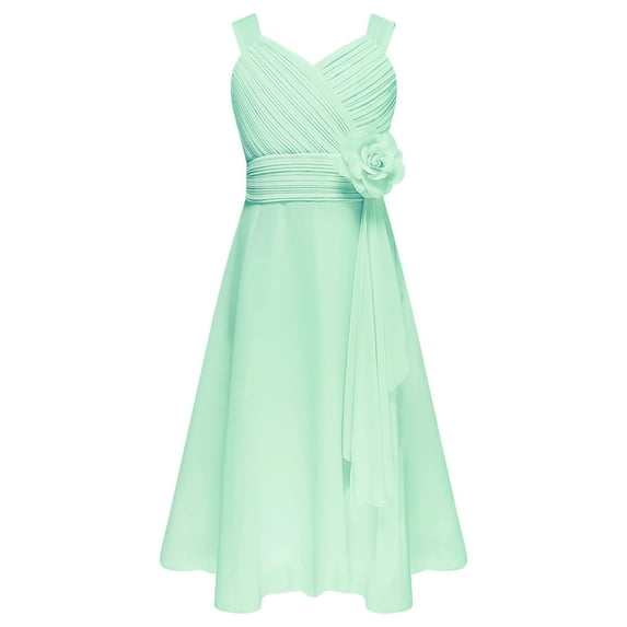 Yeahdor Kids Girls Flower Girl Dress V Neck Ruched Bodice Chiffon Dress for Wedding Bridesmaid Birthday Party Mint Green 14