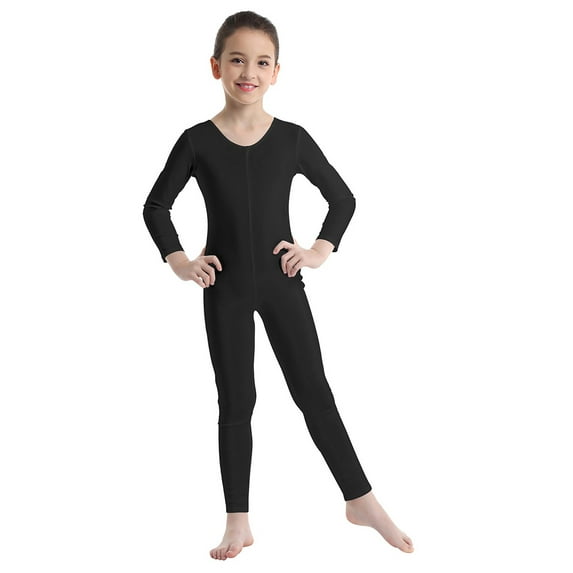 Yeahdor Kids Girls Full Body Gymnastic Unitard Long Sleeve Leotard Solid Color Dance Jumpsuit Black 3-4