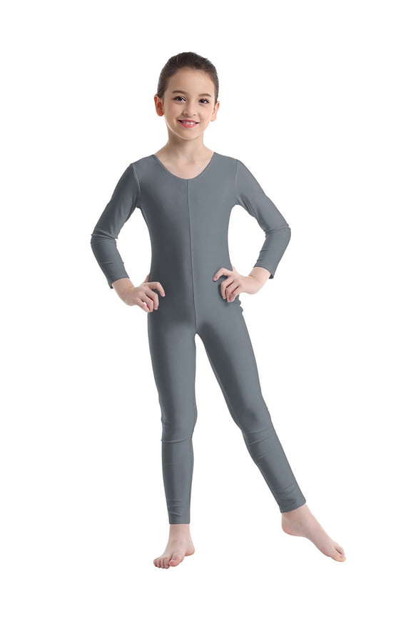 Kids Girls Full Body Gymnastic Unitard Long Sleeve Leotard Solid Color Dance Jumpsuit Grey 5-6