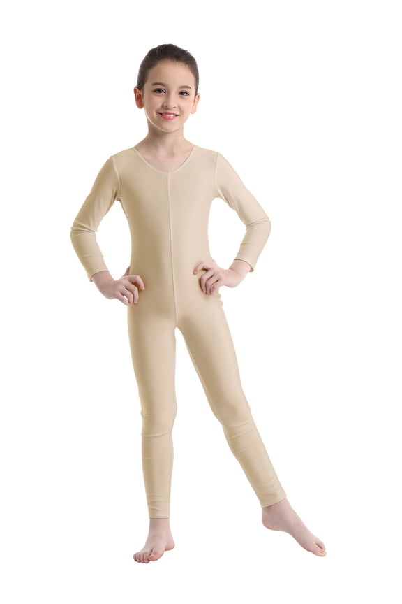 Kids Girls Full Body Gymnastic Unitard Long Sleeve Leotard Solid Color Dance Jumpsuit Nude 11-12