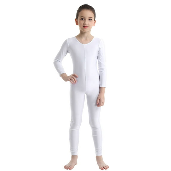 Yeahdor Kids Girls Full Body Gymnastic Unitard Long Sleeve Leotard Solid Color Dance Jumpsuit White 9-10