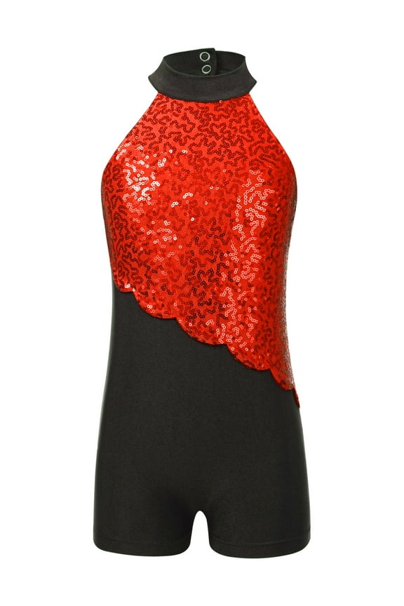 Kids Girls Glittery Sequins Ballerina Leotard Gymnastics Dance Costume Sleeveless Jazz Hip Hop Dance Jumpsuit Red 6