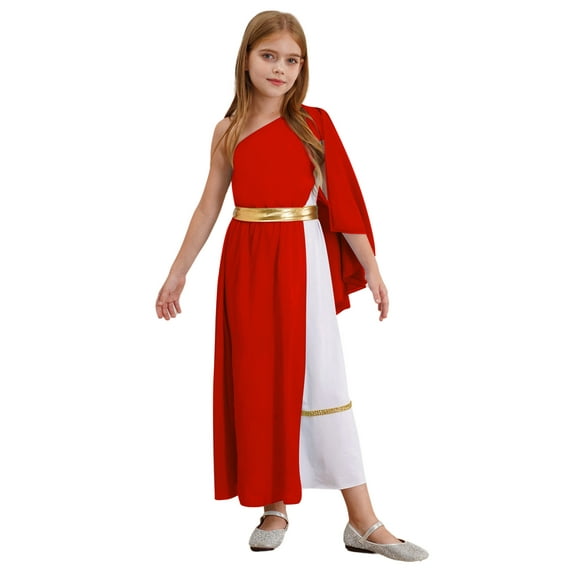 Yeahdor Kids Girls Greek Princess Dress Single Shoulder Ancient Greece Roman Egypt Toga Maxi Gown Red 8
