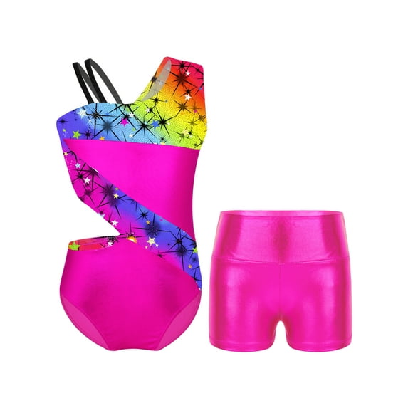 Yeahdor Kids Girls Gymnastics Dance Outfit Asymmetrical Shoulder Cutout Waistline Tank Leotard Biketard with Metallic High Waisted Shorts Starry Rainbow 6